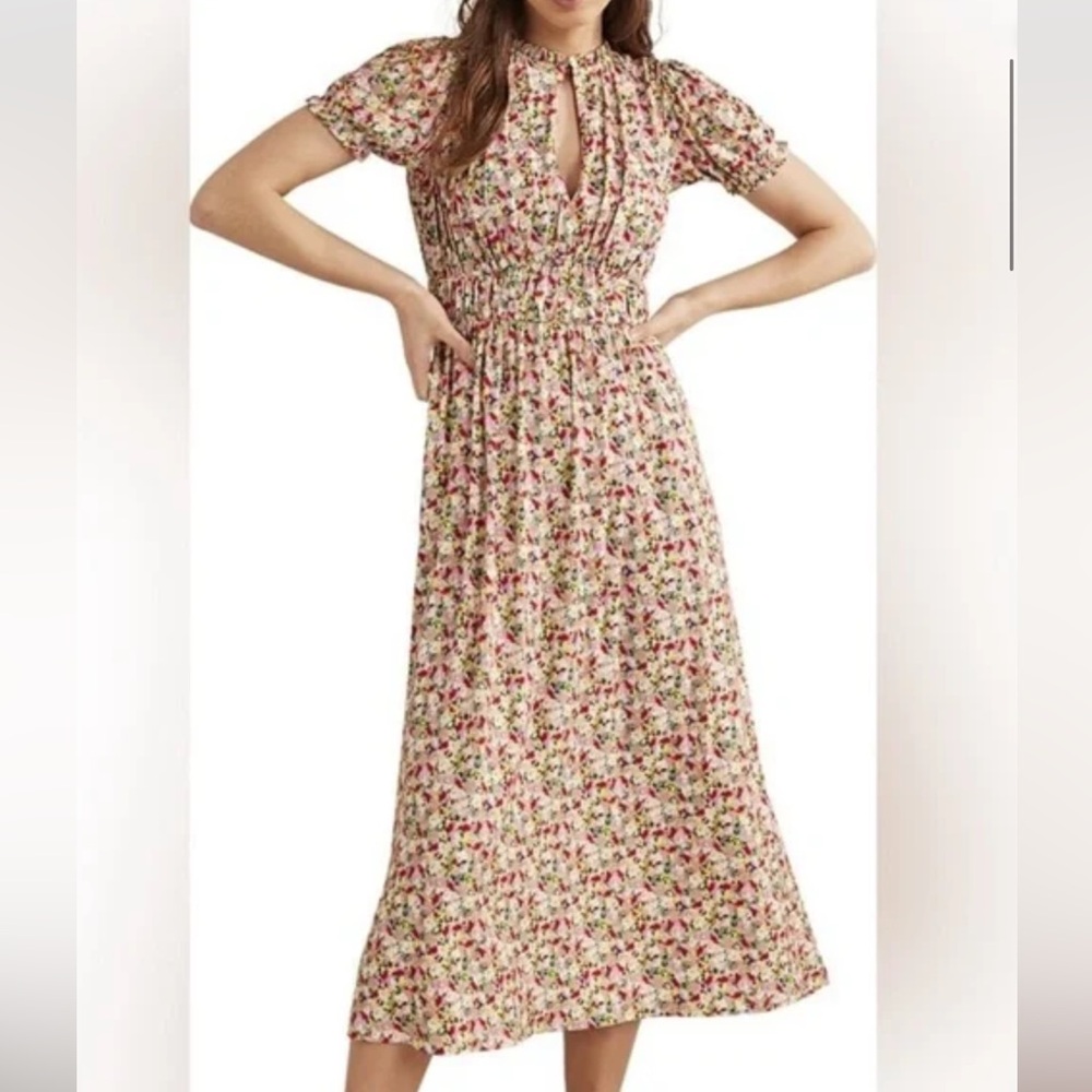 Boden Floral Midi Dress in Cream with Pink and Green - Picture 2 of 7